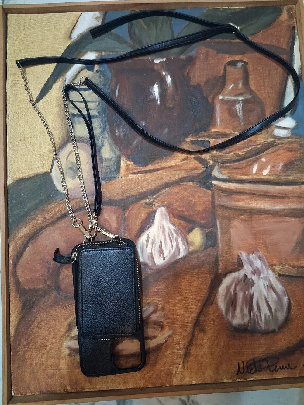 Black Leather Crossbody Phone Case with Chain Strap